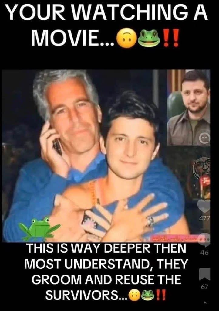 A meme showing two men posing together, one of them holding a mobile phone, with text above and below further supporting the conspiracy theory.