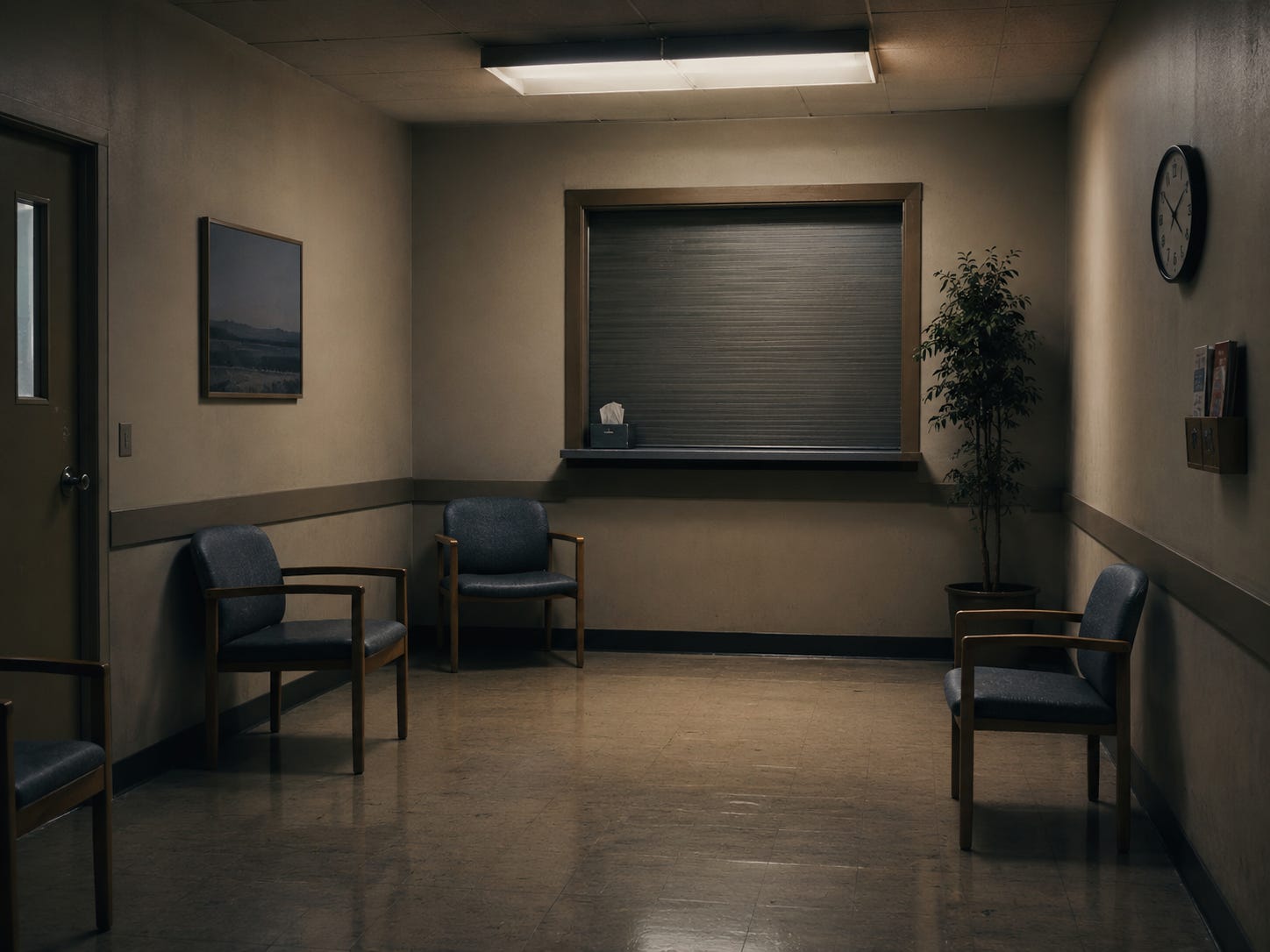An empty community mental-health clinic waiting room with sparse chairs, beige institutional walls, a closed intake window, a wall clock, and a harsh fluorescent light casting a lonely, under-resourced mood. An empty community mental-health clinic waiting room with sparse chairs, beige institutional walls, a closed intake window, a wall clock, and a harsh fluorescent light casting a lonely, under-resourced mood.