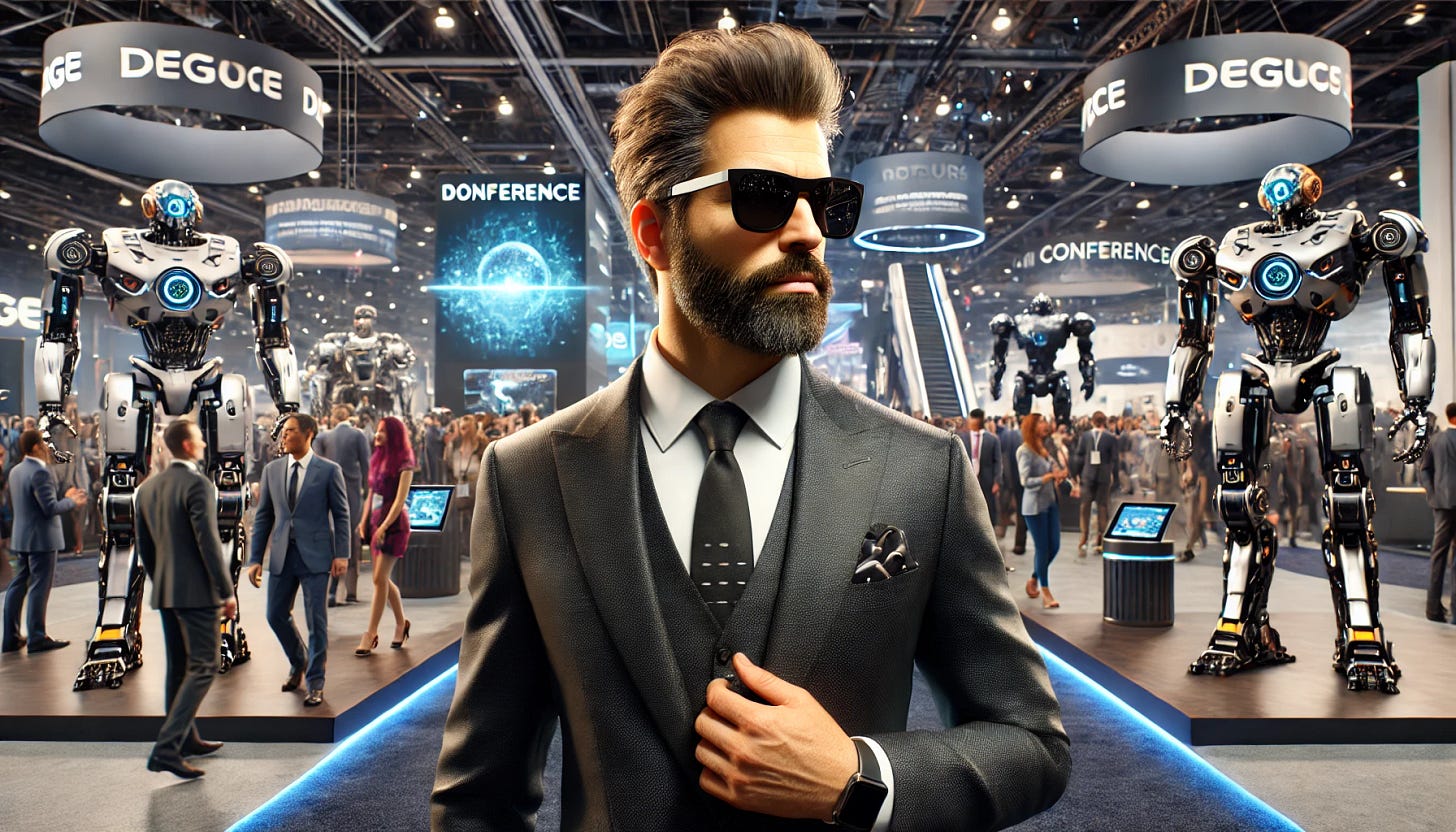 A realistic scene of a middle-aged gentleman with a full beard and head of hair, wearing smart sunglasses with a sleek, futuristic design and a sharp, modern business suit without a tie. He is attending a large technology conference in Las Vegas. The convention hall is filled with realistic, advanced robots of various designs, with a focus on showcasing cutting-edge technology. The environment includes large digital screens, holographic displays, sleek conference booths, and a vibrant, high-tech atmosphere. The man is confidently engaging with the exhibits, surrounded by other attendees.
