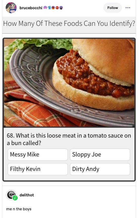 A food quiz asking the correct name for a sloppy joe, with the other three options being: Messy Mike, Filthy Kevin, and Dirty Andy