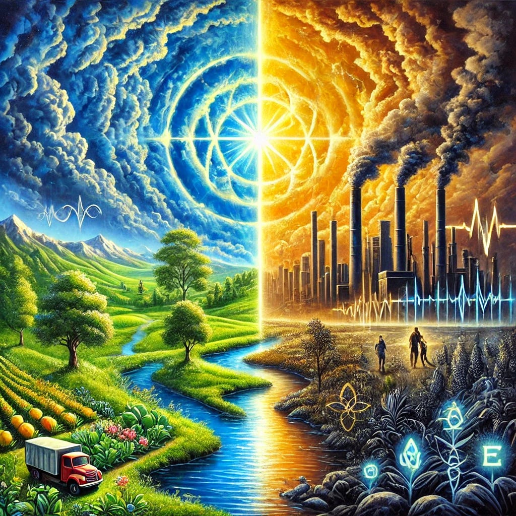 A vibrant oil painting inspired by themes of holistic health and the challenge to conventional medical understanding. The scene features a surreal landscape divided into contrasting elements to symbolize alternative views of disease causation: a glowing, natural environment with lush greenery, clean water, radiant sunlight, and energetic fields in vibrant blues and greens, representing nutrition, natural immunity, and energy resonance. On the opposite side, dark, industrial zones with grey toxic fumes, electromagnetic waves, and unnatural structures convey stress, pollution, and pharmaceutical dominance. Connecting the two is a radiant bridge of golden light symbolizing consciousness, mind-body connection, and holistic healing. A subtle ethereal glow emanates from energy fields between plants and the environment, suggesting harmony and biofield resonance. The painting uses rich, bold colors with expressive brushstrokes for a dramatic, thought-provoking scene.