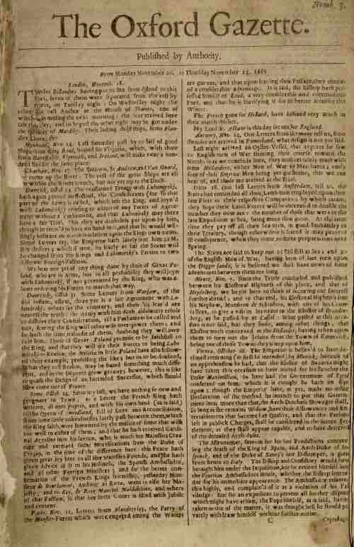 The Oxford Gazette, Monday November 20 to Thursday November 23, 1665 (issue no. 3). The Oxford Gazette, Monday November 20 to Thursday November 23, 1665 (issue no. 3).