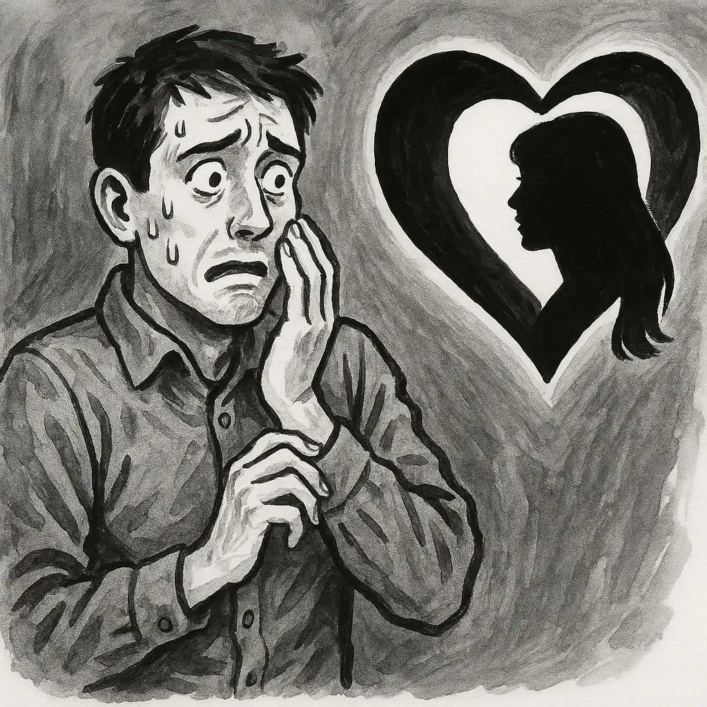 a man afraid to date in black and white ink and gouache style