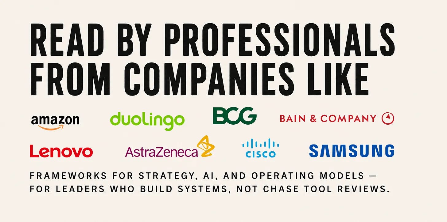 The Strategy Stack readership banner featuring professionals from Amazon, BCG, Bain, AstraZeneca, Cisco, Samsung, Lenovo, and Duolingo.