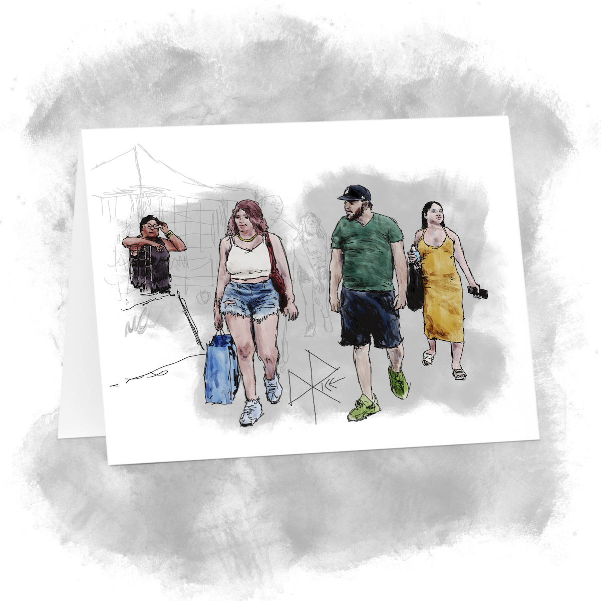 People walking by stalls at an outdoor sales event, heading for the food trucks. Sketch art by Don Rice. People walking by stalls at an outdoor sales event, heading for the food trucks. Sketch art by Don Rice.