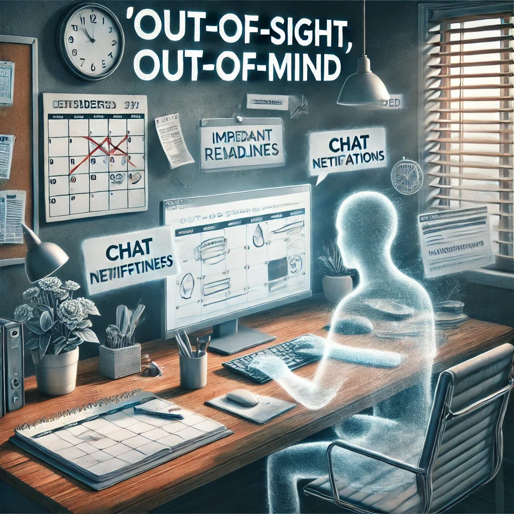 An image illustrating the "out-of-sight, out-of-mind" problem in remote work.