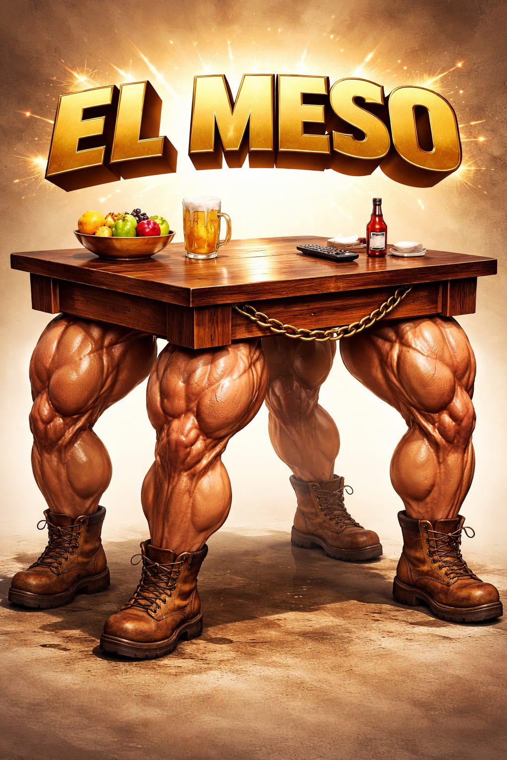 A surreal, humorous image labeled El Meso showing a wooden table supported by four enormously muscular human legs wearing work boots. On top of the table sit a bowl of fruit, a frosty mug of beer, a television remote, and a small bottle. The oversized gold text “EL MESO” hovers above the table, turning a classroom inside joke into an absurd action-movie-style visual pun. A surreal, humorous image labeled El Meso showing a wooden table supported by four enormously muscular human legs wearing work boots. On top of the table sit a bowl of fruit, a frosty mug of beer, a television remote, and a small bottle. The oversized gold text “EL MESO” hovers above the table, turning a classroom inside joke into an absurd action-movie-style visual pun.