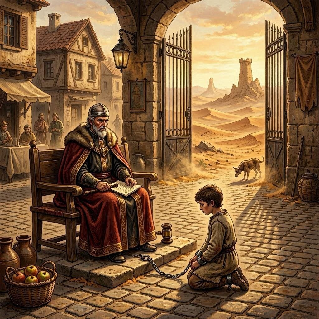 judge in medieval city, prisoner child in chains, gates opening to desert wasteland, fantasy art