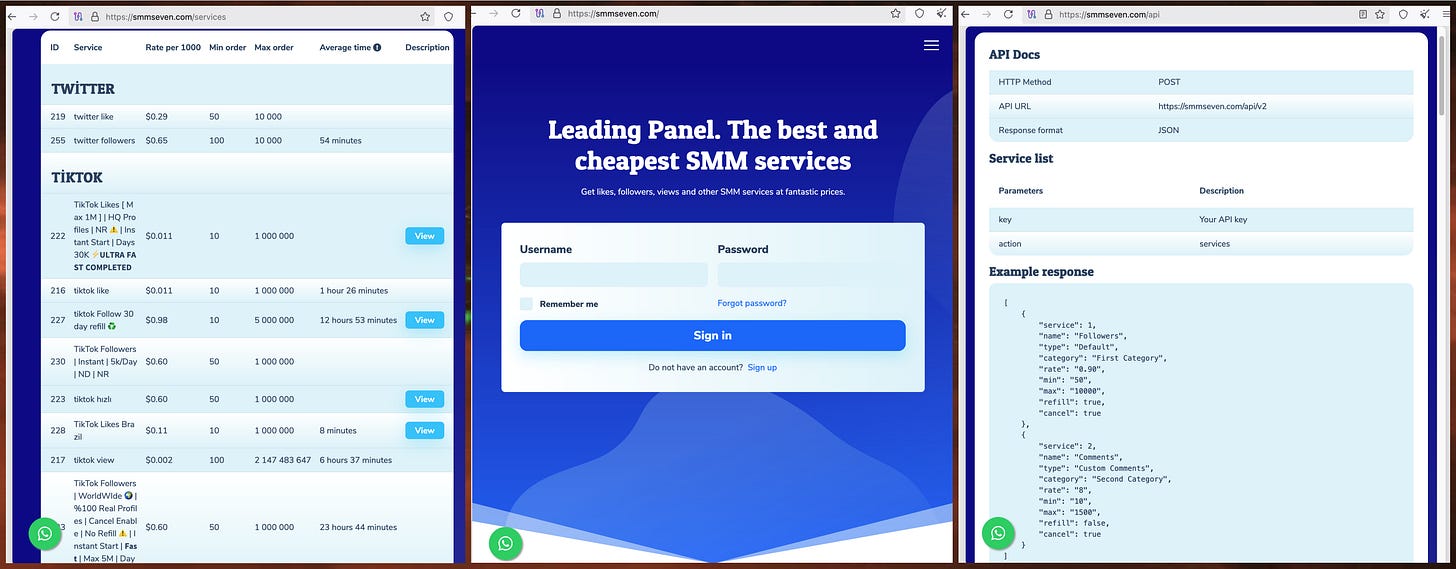 screenshots of the smmseven(dot)com website