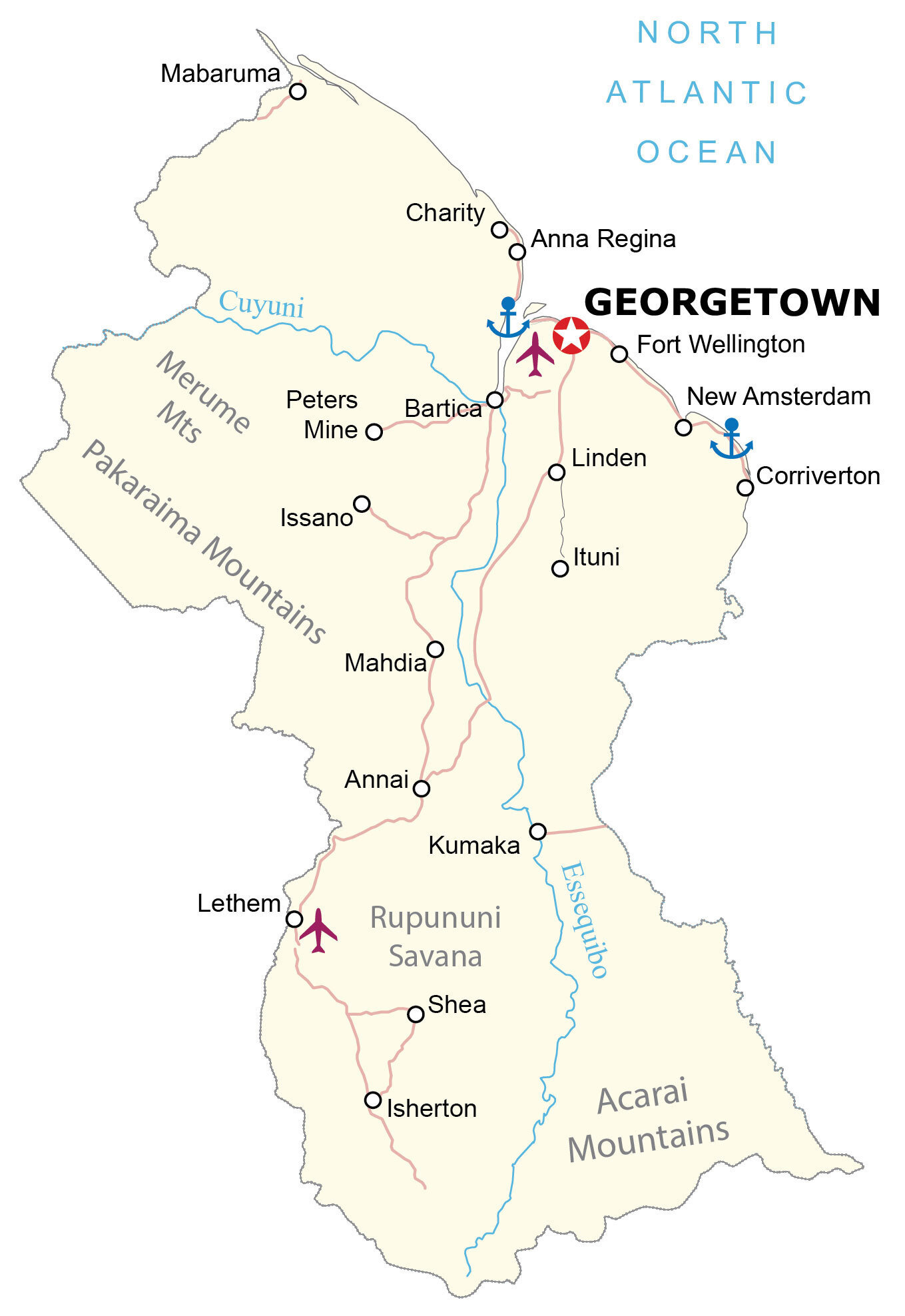 Map of Guyana - Roads and Cities - GIS Geography