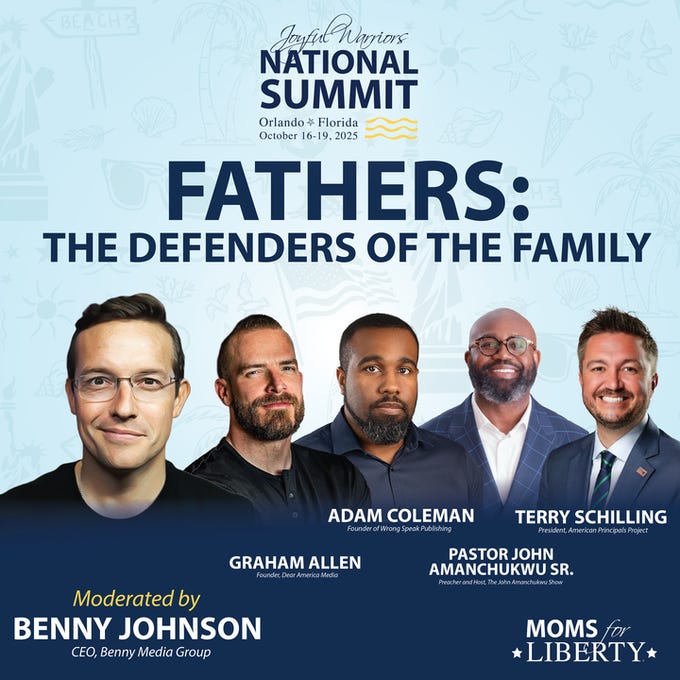 Promotional graphic for the Moms for Liberty National Summit in Orlando Florida on October 19 2025 featuring the title Fathers: The Defenders of the Family with headshots of five men in suits including Graham Allen Adam Coleman Pastor Terry Schilling John Amanchukwu Sr and Benny Johnson as CEO of Benny Media Group moderated by Graham Allen with Moms for Liberty logo and event branding. Separate circular image shows a diverse group of smiling people including men and women in casual attire sitting in audience seats at the conference with some wearing lanyards.