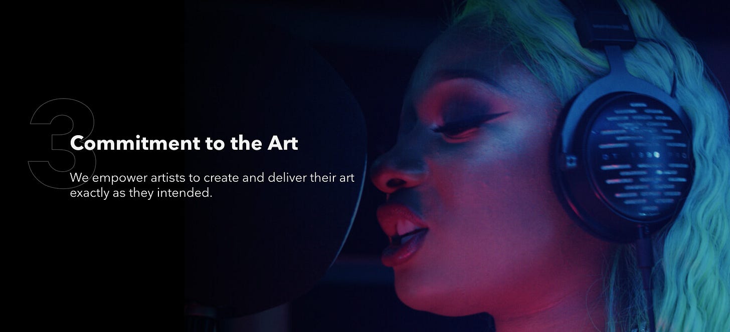 A graphic from Tidal's website that reads "Commitment to the Art — We empower artists to create and deliver their art exactly as they intended."