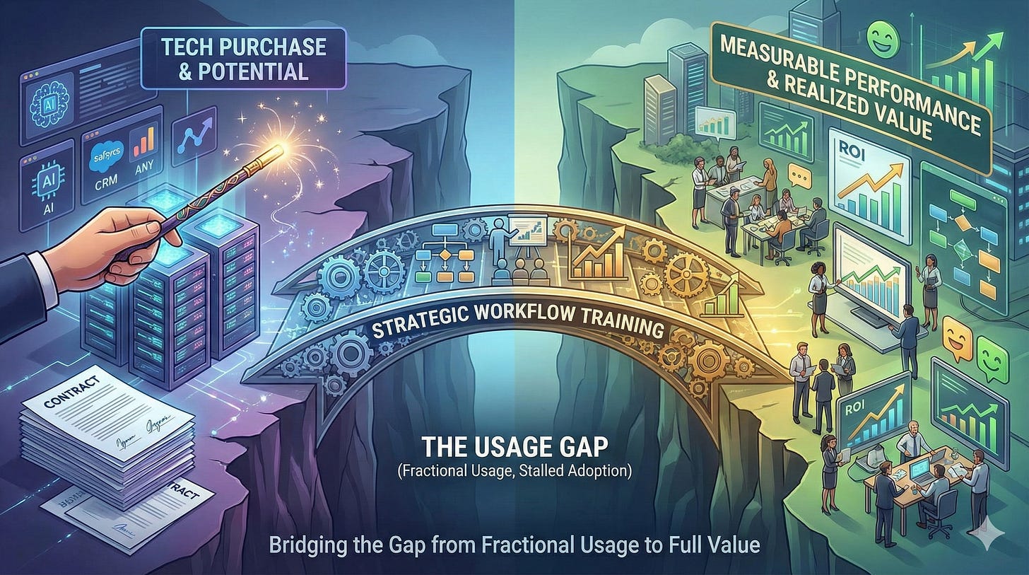 A diagram showing a bridge labeled Strategic Workflow Training connecting Tech Purchase to Realized Value, spanning The Usage Gap chasm.