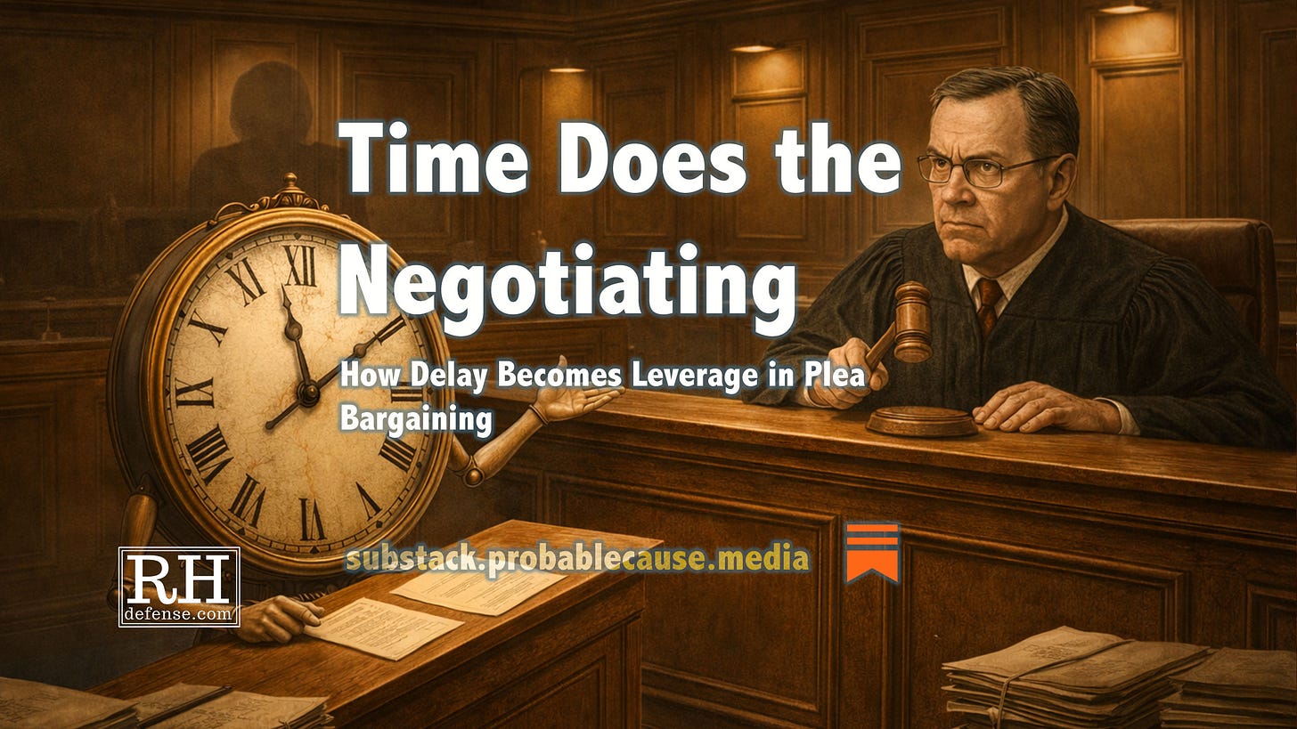 Surreal illustration of a courtroom where an anthropomorphic clock stands at counsel table, gesturing toward a judge holding a gavel, as stacks of case files surround them, suggesting time itself arguing before the court.