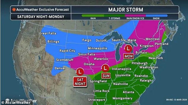 The sprawling system is forecast to sweep from the central Plains into the Midwest and East between Sunday and Monday, bringing widespread travel disruptions and power outages 
