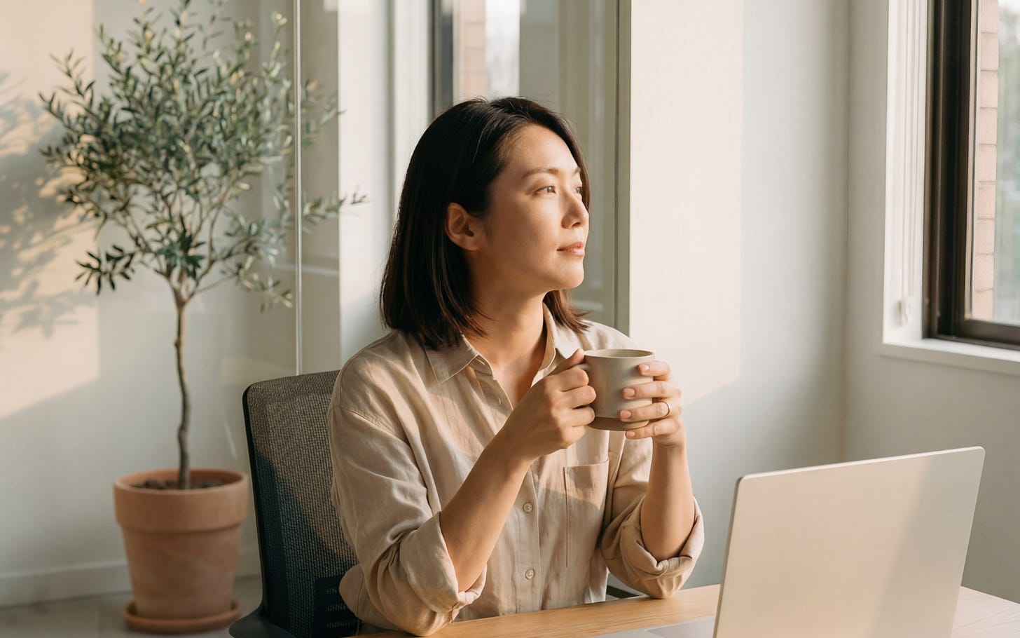 A woman sits at a desk by a sunlit window, holding a coffee mug and looking out thoughtfully, laptop open in front of her, a small potted olive tree beside her.