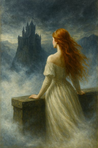 A gothic fantasy depiction of the exterior of the Amber Temple in Barovia. The temple is carved into a remote mountainside, surrounded by jagged cliffs and swirling mist. Its facade is ancient and imposing—massive amber-colored stone blocks form a fortress-like structure with arched entrances and crumbling statues of forgotten gods. The sky above is stormy, streaked with lightning and heavy clouds. Snow dusts the ground and ledges, and eerie orange light glows faintly from within the temple’s cracks. The atmosphere is foreboding, mysterious, and ancient.