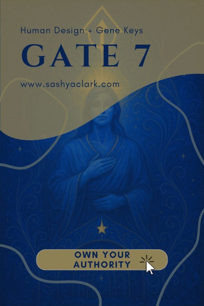 Ethereal cosmic illustration of a regal woman in a flowing royal blue robe with golden accents, radiating leadership and wisdom. She stands against a deep celestial background of stars and glowing gold patterns, symbolizing Gate 7’s energy of guidance, vision, and balanced authority.