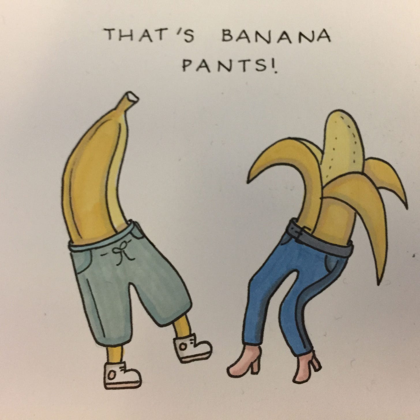 two cartoon bananas wearing pants. text says "bananpants"