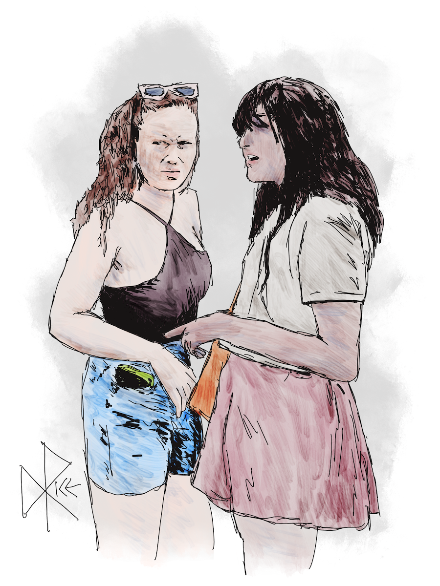 Two women talk about what they are looking at, trying to understand what they can about what they are seeing. Sketch art by Don Rice. Two women talk about what they are looking at, trying to understand what they can about what they are seeing. Sketch art by Don Rice.