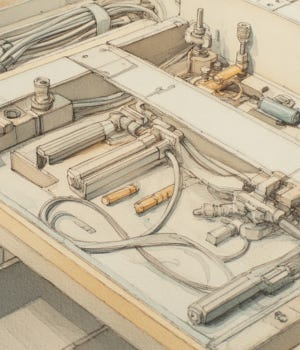Tools and dismantled components rest on a worktable, partially encased in metallic ribbon from a failed prototype. Tools and dismantled components rest on a worktable, partially encased in metallic ribbon from a failed prototype.