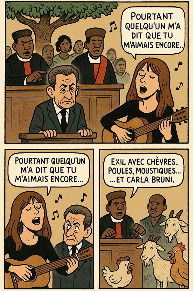 Planche satirique en trois cases : à Bamako, Nicolas Sarkozy jugé par des magistrats africains sous un arbre à palabres ; au second plan, Carla Bruni, guitare à la main, interrompt le procès par des chansons absurdes ; en conclusion, le verdict le condamne à l’exil en brousse, entouré de chèvres et de poules..