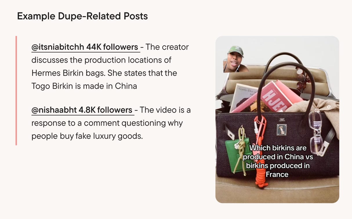 Screenshot of two TikTok creators discussing Hermes Birkin bags. The left side includes text summarizing their videos—one explaining that Togo Birkins are made in China, and another responding to a question about why people buy fake luxury goods. The right side features a close-up of a Birkin bag filled with items like sunglasses and a green keychain, with overlaid text reading “Which birkins are produced in China vs birkins produced in France.”