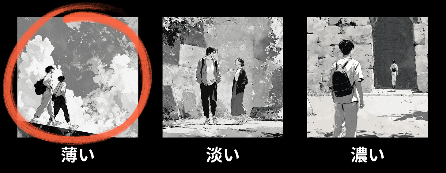 Visual intensity meter for the "Subtext" category in the Graphic Review of the manga “Fish and Water.” This image represents the usui level, signaling the lowest point or low intensity/depth for this category. Visual intensity meter for the "Subtext" category in the Graphic Review of the manga “Fish and Water.” This image represents the usui level, signaling the lowest point or low intensity/depth for this category.