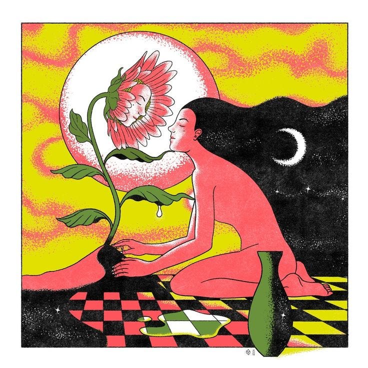 A naked figure with long flowing black hair sits on her knees on a checkered floor before a large sunflower. A face similar to her own peers out of the eye of the sunflower. Behind her rises a red and white sun and the sky is a swirl of pink and yellow. The present moon floats in her hair and in the foreground a vase sits. A naked figure with long flowing black hair sits on her knees on a checkered floor before a large sunflower. A face similar to her own peers out of the eye of the sunflower. Behind her rises a red and white sun and the sky is a swirl of pink and yellow. The present moon floats in her hair and in the foreground a vase sits.