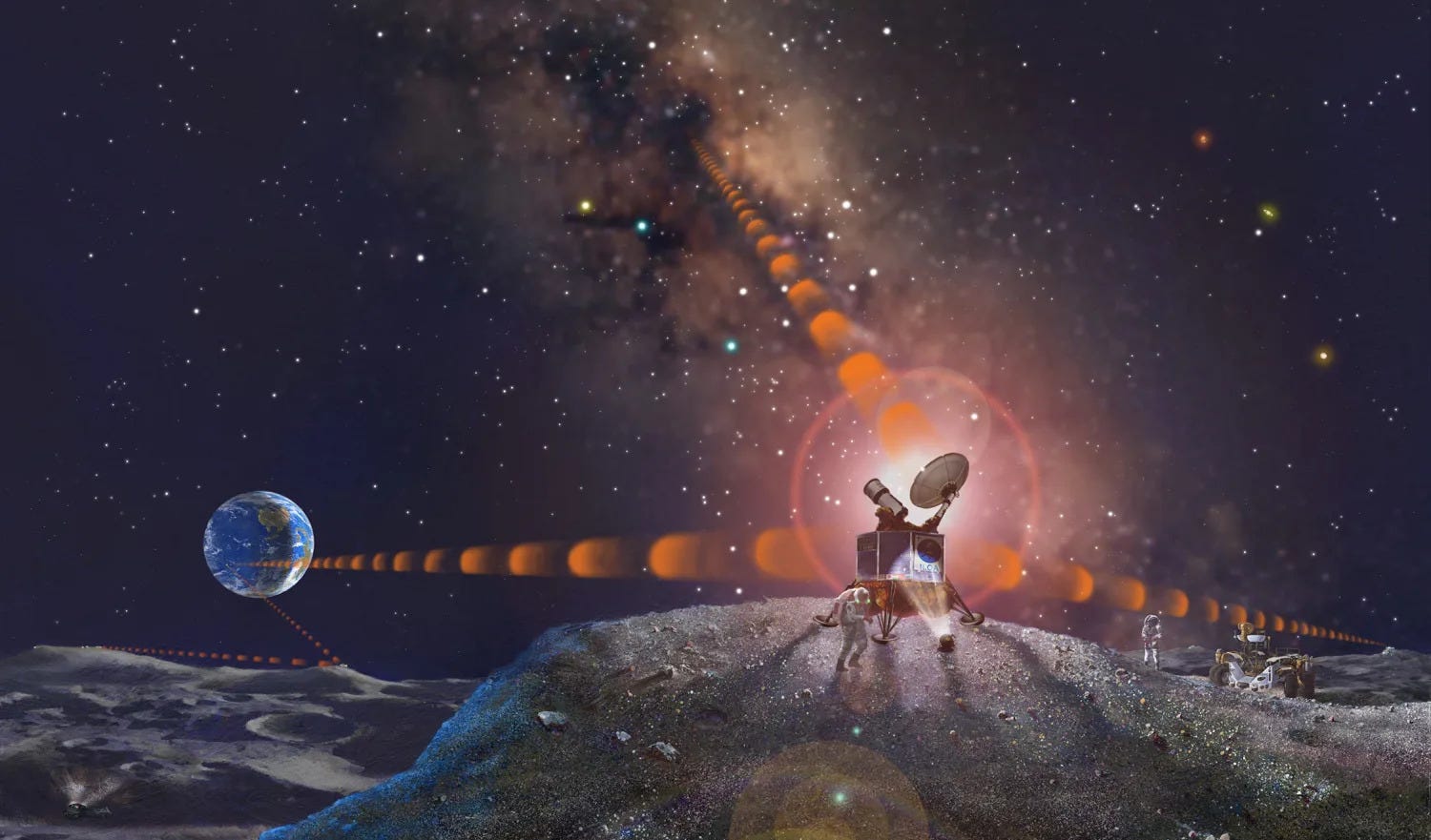 A representation of an observatory performing tasks at the lunar south pole. A representation of an observatory performing tasks at the lunar south pole.