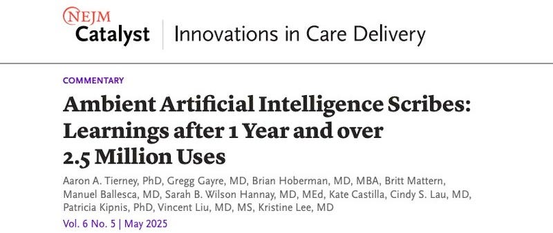 Ambient AI scribes, used in over 2.5 million encounters across a major health system, showed sustained adoption and time-saving benefits without negative impacts on patient experience, with… | Jan Beger | 19 comments Ambient AI scribes, used in over 2.5 million encounters across a major health system, showed sustained adoption and time-saving benefits without negative impacts on patient experience, with… | Jan Beger | 19 comments