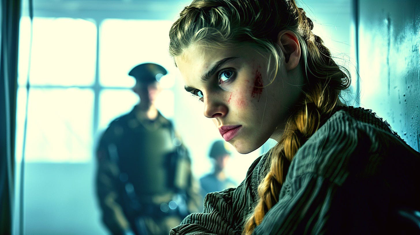 Close-up of a bruised young woman with a long braid, her face marked by dried blood and swelling, staring intensely toward the camera while uniformed guards stand blurred in the background of a bright detention room. Close-up of a bruised young woman with a long braid, her face marked by dried blood and swelling, staring intensely toward the camera while uniformed guards stand blurred in the background of a bright detention room.