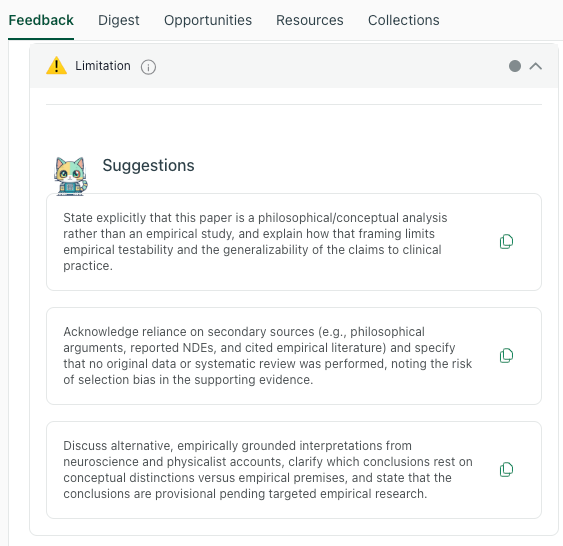 Screenshot of thesify’s Feedback tab showing section-specific suggestions for a manuscript’s limitations section, including advice on framing, evidence limits, and alternative interpretations.