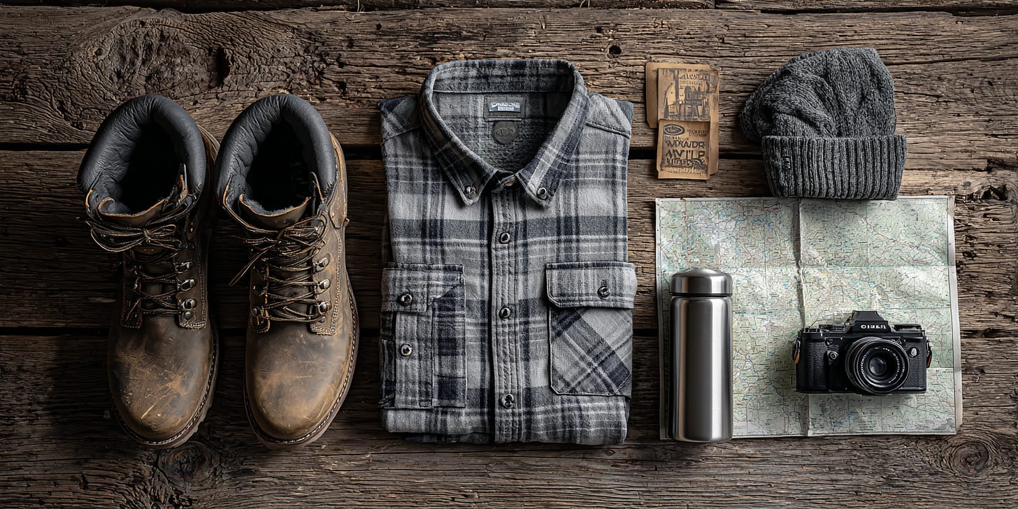 Hiking boots, flannel shirt, camera, and thermos laid out for a Canadian summer trip. Hiking boots, flannel shirt, camera, and thermos laid out for a Canadian summer trip.