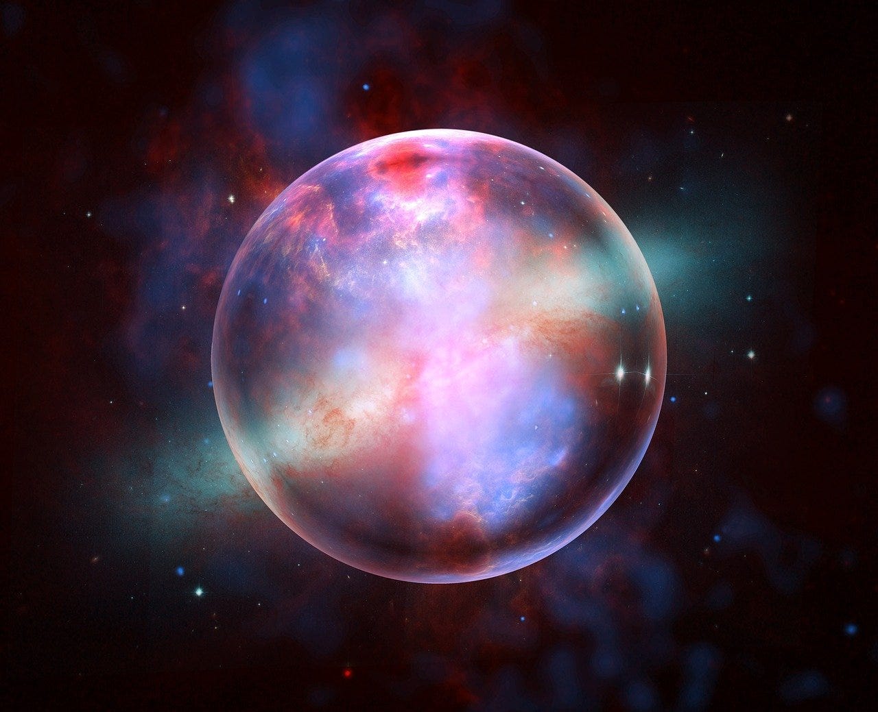 Een levendige, kleurrijke bol die lijkt op een planeet of bubbel zweeft in de ruimte, omringd door wervelende blauwe, roze en rode nevelwolken, met kleine heldere sterren tegen een donkere achtergrond. Een levendige, kleurrijke bol die lijkt op een planeet of bubbel zweeft in de ruimte, omringd door wervelende blauwe, roze en rode nevelwolken, met kleine heldere sterren tegen een donkere achtergrond.