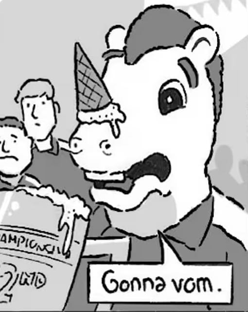 Part of a panel from David Squires' editorial cartoon from the Guardian, Bluey the Ipswich Mascot, with a ice cream on his nose, resembling a unicorn, drinks from the 2nd place Championship trophy, he looks distressed and says "gonna vom"