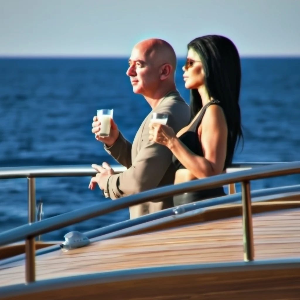 Jeff Bezos on a yacht in the ocean with his wife Lorena Sanchez drinking a glass of milk 