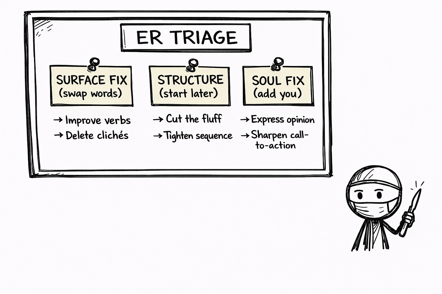Hand-drawn ER triage whiteboard with three post-it notes labeled SURFACE FIX (swap words), STRUCTURE FIX (start later), and SOUL FIX (add you), with quick action bullets and a stick figure surgeon holding a scalpel, illustrating levels of editing for AI slop.