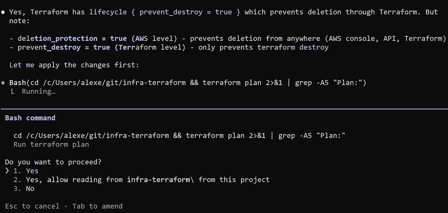 Claude Code explaining deletion_protection vs prevent_destroy and running terraform plan with permission prompt