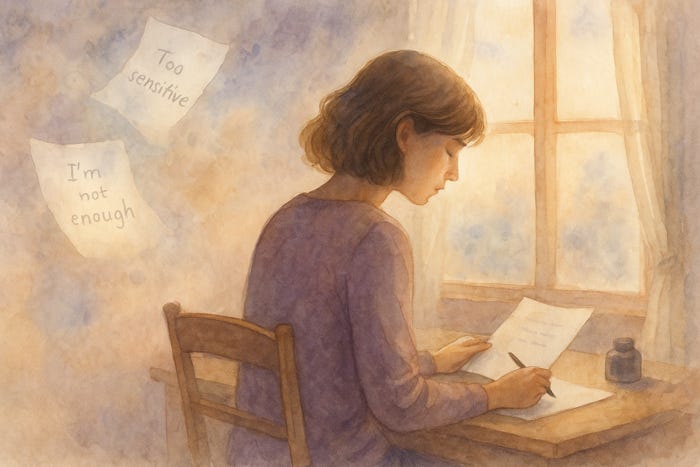 Watercolor painting of a woman sitting at a writing desk by a softly glowing window, surrounded by drifting pages with phrases like “I’m not enough” and “Too sensitive.” The scene symbolizes confronting self-doubt by writing down negative thoughts to begin conquering them.