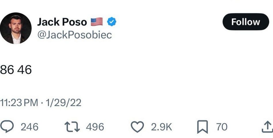 Jack Posobiec tweet from 2022 reading "86 46."