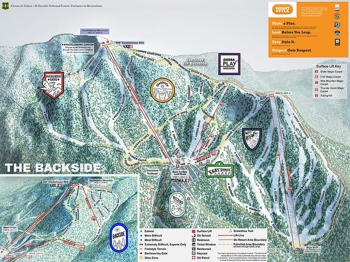 Trail maps of Sierra-at-Tahoe ski resort, before a devastating 2021 wildfire (left), and after (right)