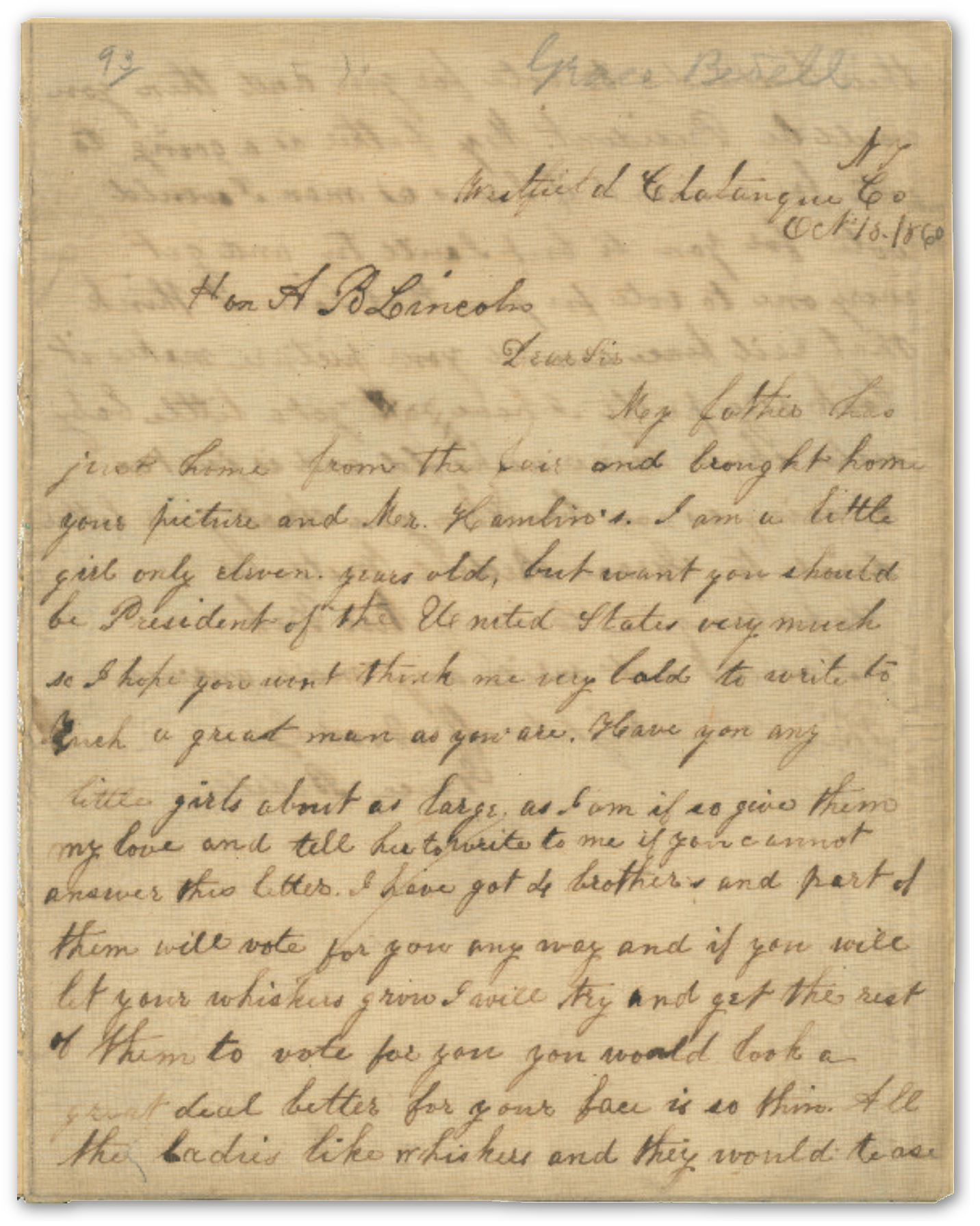 Grace Bedell to Abraham Lincoln, 15th Oct 1860 (Courtesy of the Burton Historical Collection, Detroit Public Library)