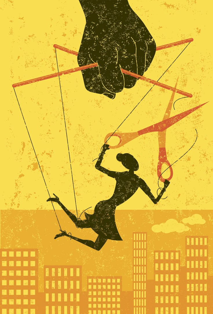 This may contain: a woman is holding scissors and being held by a giant hand with buildings in the background