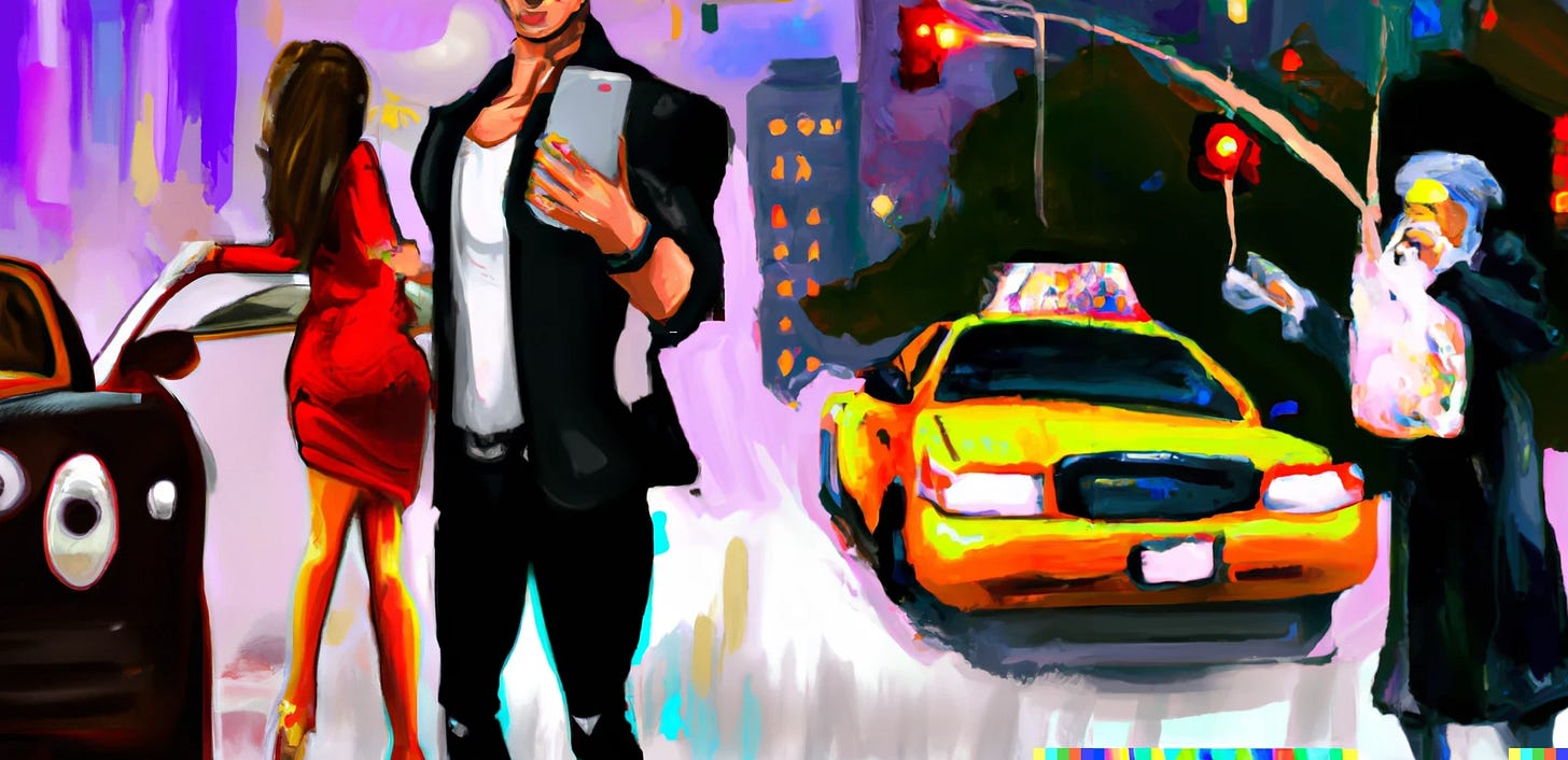 Picture of Dude with iPhone Picking Up Date While Grandma Hails Taxi