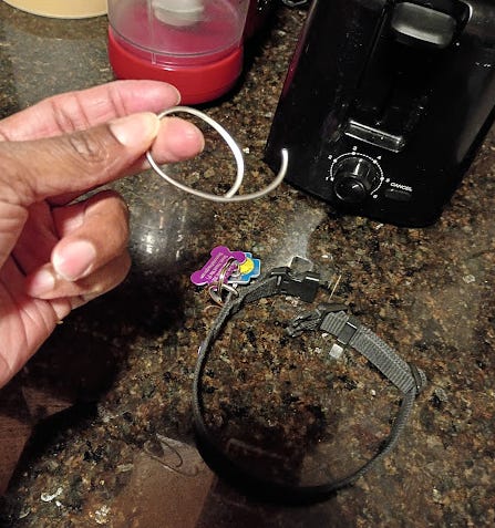 Untwisted keychain loop next to dog tags