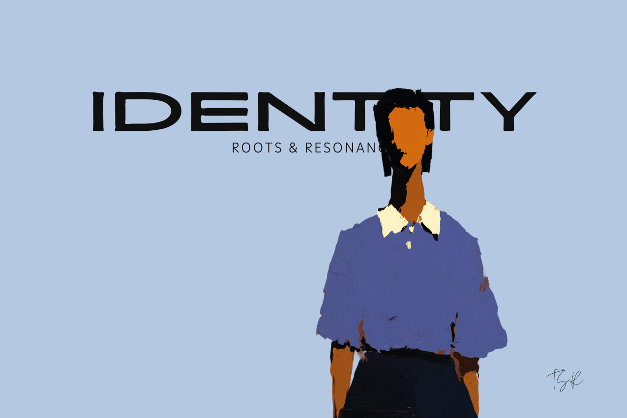 Cover image featuring an impressionistic figure with their face obscured, superimposed over the centered keyword IDENTITY. The composition is set against a soft blue background. Part of the Roots & Resonance series at The Subtext Review. Cover image featuring an impressionistic figure with their face obscured, superimposed over the centered keyword IDENTITY. The composition is set against a soft blue background. Part of the Roots & Resonance series at The Subtext Review.