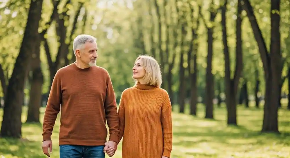 An older, healthy couple enjoying a walk in nature for brain health.