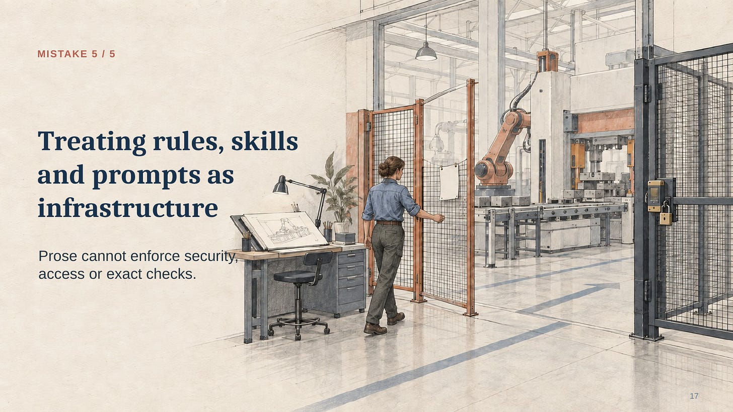 Rules, skills, and prompts guide behaviour; prose alone cannot enforce access or exact checks. Rules, skills, and prompts guide behaviour; prose alone cannot enforce access or exact checks.