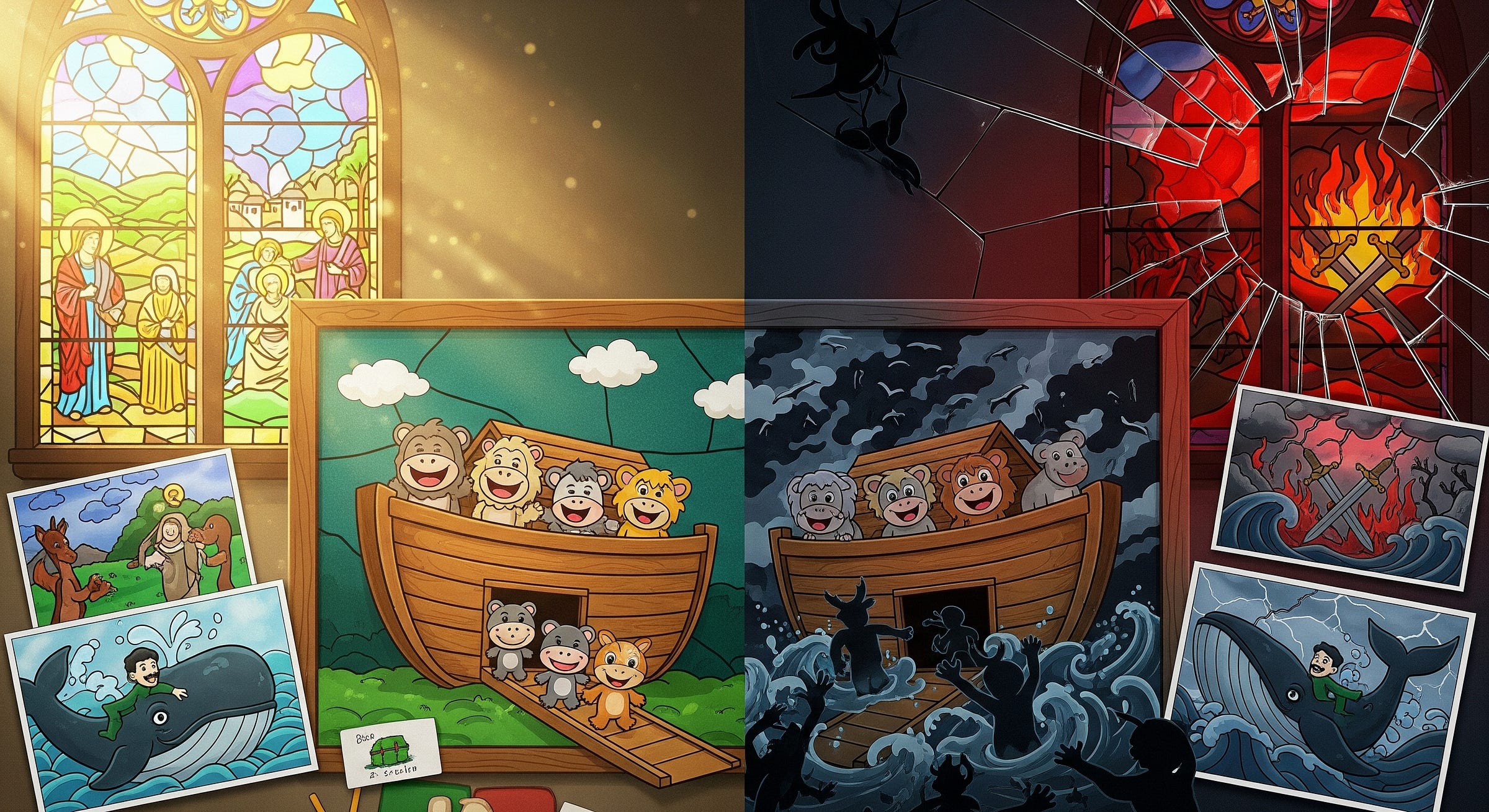 A split-scene illustration depicts a Sunday school on the left and a darker, more realistic interpretation of the same biblical stories on the right. On the left, a warm and colorful classroom scene shows four children on a rug looking at a flannel board. The board features a childlike depiction of Noah's Ark with smiling cartoon animals entering in pairs. On the walls, drawings by children show Jonah being swallowed by a whale. Soft light shines through a stained-glass window with traditional religious figures. On the right, the same flannel board is shown, but the animals and ark are now in a dark, stormy flood, surrounded by people who are drowning. The whale drawing is replaced by a grim scene of Jonah in a stormy sea. The stained-glass window is shattered, and through the cracks, fire and crossed swords are visible. The overall contrast is between innocence and a violent reality. A split-scene illustration depicts a Sunday school on the left and a darker, more realistic interpretation of the same biblical stories on the right. On the left, a warm and colorful classroom scene shows four children on a rug looking at a flannel board. The board features a childlike depiction of Noah's Ark with smiling cartoon animals entering in pairs. On the walls, drawings by children show Jonah being swallowed by a whale. Soft light shines through a stained-glass window with traditional religious figures. On the right, the same flannel board is shown, but the animals and ark are now in a dark, stormy flood, surrounded by people who are drowning. The whale drawing is replaced by a grim scene of Jonah in a stormy sea. The stained-glass window is shattered, and through the cracks, fire and crossed swords are visible. The overall contrast is between innocence and a violent reality.